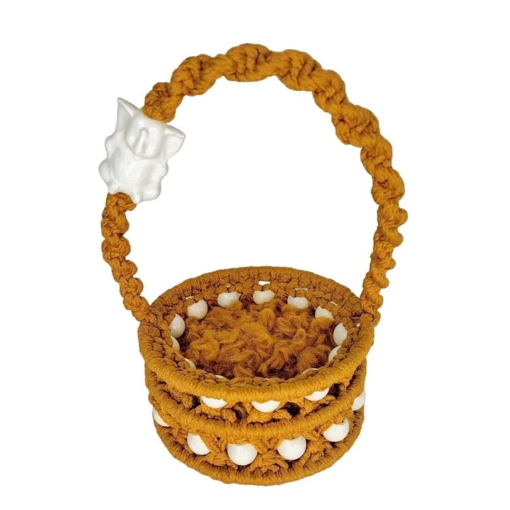 VTG 60s 70s MCM Gold Macrame Porcelain Elephant & Wood Beads Easter Basket 14